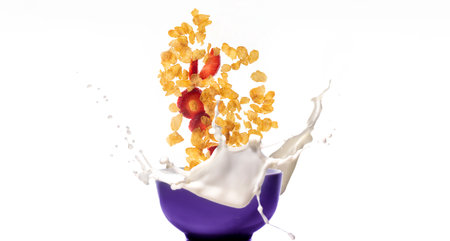 Corn flakes and strawberry slices falling into splashing milkの写真素材