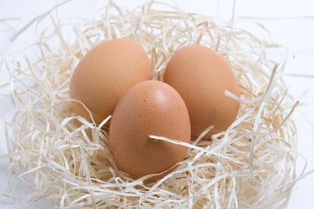 Close up of three eggs in a nest of straw