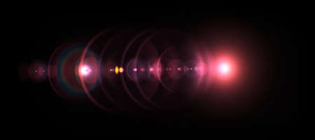 Digital lens flare with bright light isolated with a black background. Used for textures and materials.の写真素材