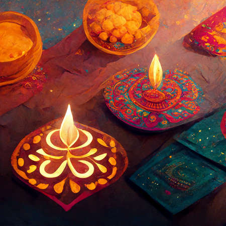 happy diwali indian festival. diwali background with candles. Diwali lanterns realistic background with candles and blurred lights.の写真素材