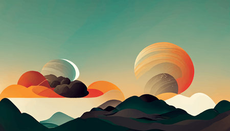 Holiday Sunset at mountains flat design poster artwork. illustration for wallpaper.の写真素材