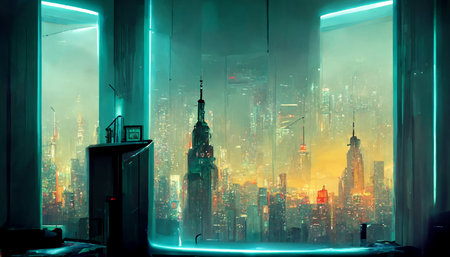 futuristic room in cyberpunk dystopian New York illustration. illustration for wallpaperの写真素材