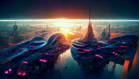 Spaceship up to Futuristic City neon lights Fractal architecture illustration. illustration for wallpaper.の写真素材