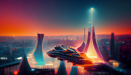 Spaceship up to Futuristic City neon lights Fractal architecture illustration. illustration for wallpaper.の写真素材