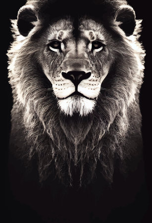 realistic illustration of a Lion. Close-up of wild lion face on black background.の写真素材