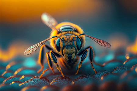 Close up of a bee on a blue background. 3d renderingの素材