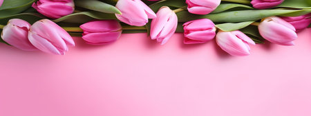 Delicate pink tulips in a Mother's Day holiday bannerの写真素材