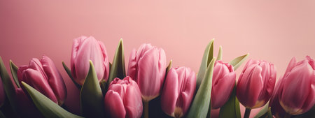 Delicate pink tulips in a Mother's Day holiday bannerの写真素材