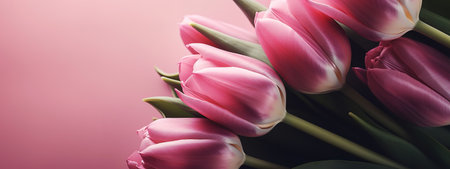 Delicate pink tulips in a Mother's Day holiday bannerの写真素材