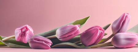Delicate pink tulips in a Mother's Day holiday bannerの写真素材