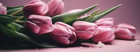 Delicate pink tulips in a Mother's Day holiday bannerの写真素材