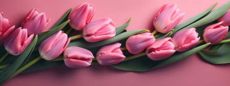Monochromatic pink tulip arrangement for Mother's Day bannerの写真素材