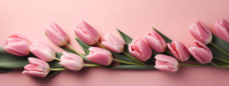 Mother's Day banner with pink tulips on a pink backdropの写真素材