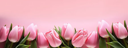 Mother's Day banner with pink tulips on a pink backdropの写真素材