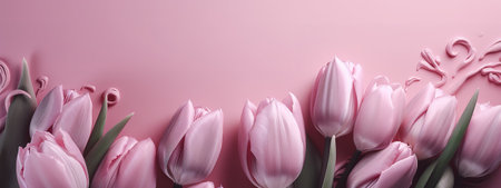 Mother's Day banner with pink tulips on a pink backdropの写真素材
