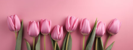 Mother's Day banner with pink tulips on a pink backdropの写真素材