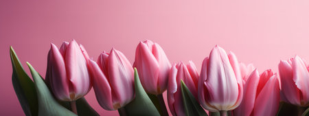 Mother's Day banner with pink tulips on a pink backdropの写真素材