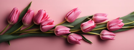 Mother's Day banner with pink tulips on a pink backdropの写真素材