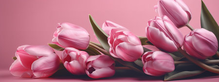Mother's Day banner with pink tulips on a pink backdropの写真素材
