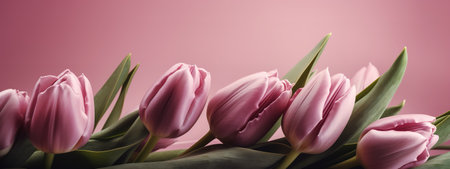 Mother's Day banner with pink tulips on a pink backdropの写真素材