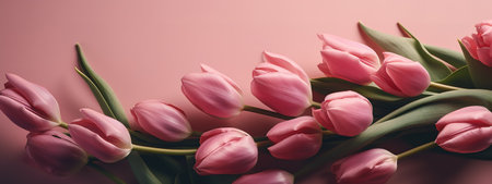 Mother's Day banner with pink tulips on a pink backdropの写真素材