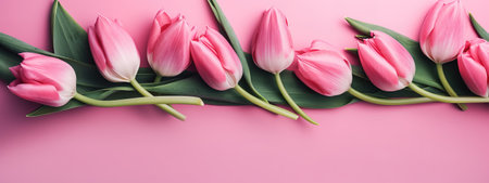 Mother's Day banner with pink tulips on a pink backdropの写真素材