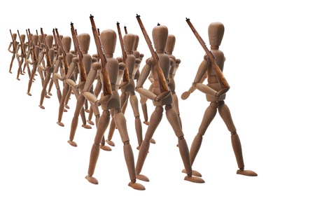 A platoon of wooden soldiers marchingの写真素材