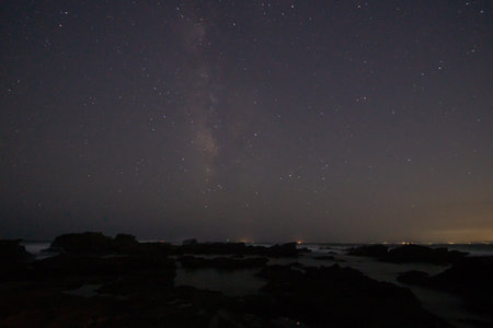 Beautiful starry sky seen from the island (photographed at a famous astronomical observation spot in...