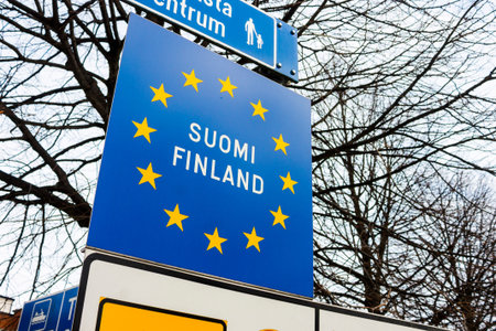 An enter Finland sign with the colors of the European Union in the border control office of the port of Helsinkiの写真素材