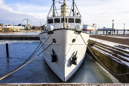 Front view of a docked boat in the port of Helsinki, Finlandの写真素材