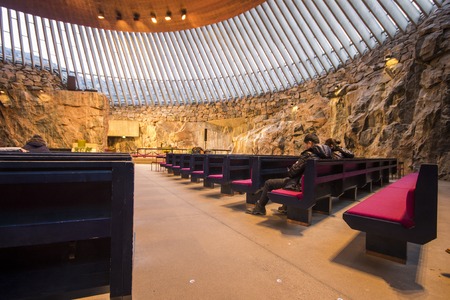 Inside the Temppeliaukion kirkko or Church of the Rock, a Lutheran church built directly into rock. Helsinki, Finlandのeditorial素材
