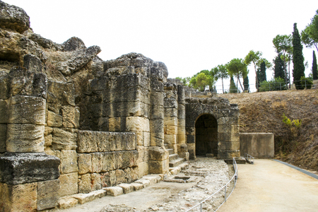 The ruins of the Roman amphitheatre at Italica, an ancient city in Andalusia, Spainの写真素材
