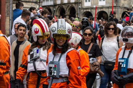 People disguised in Star Wars costumes for the III Imperial Stormtroopers parade 2017 in the Old City of Santiago de Compostela, Spainのeditorial素材