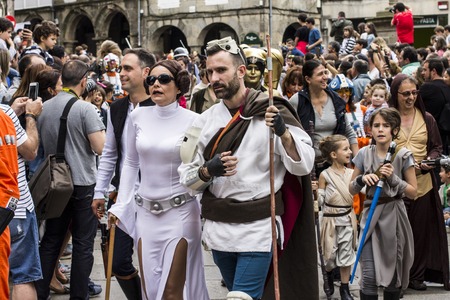 People disguised in Star Wars costumes for the III Imperial Stormtroopers parade 2017 in the Old City of Santiago de Compostela, Spainのeditorial素材