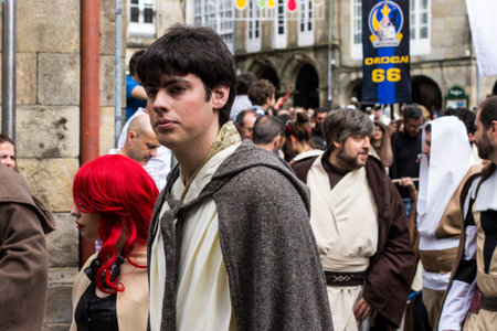 People disguised in Star Wars costumes for the III Imperial Stormtroopers parade 2017 in the Old City of Santiago de Compostela, Spainのeditorial素材
