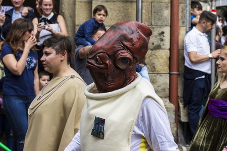 People disguised in Star Wars costumes for the III Imperial Stormtroopers parade 2017 in the Old City of Santiago de Compostela, Spainのeditorial素材
