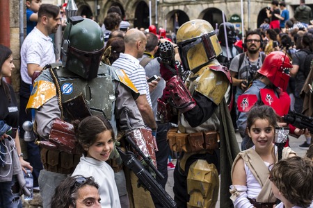People disguised in Star Wars costumes for the III Imperial Stormtroopers parade 2017 in the Old City of Santiago de Compostela, Spainのeditorial素材