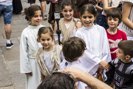 People disguised in Star Wars costumes for the III Imperial Stormtroopers parade 2017 in the Old City of Santiago de Compostela, Spainのeditorial素材