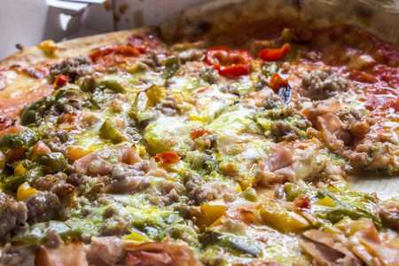 A pizza made in one of the restaurants of Bologna, Italy.のeditorial素材