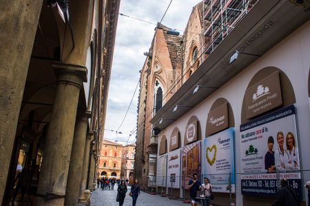 The Basilica of San Petronio, main church of Bologna, Emilia Romagna, northern Italy, dominating...
