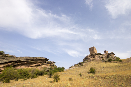 The Castillo de Zafra, a 12th-century castle built on a sandstone outcrop in Sierra de Caldereros, Campillo de Duenas, Castilla La Mancha, Spainのeditorial素材