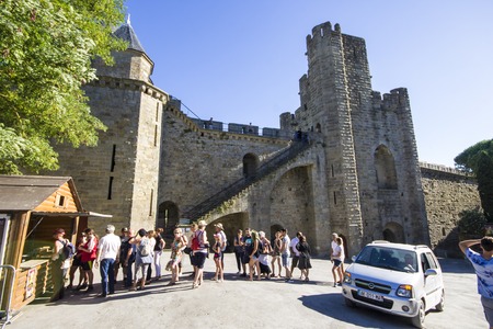 Towers and walls of the Cite de Carcassonne, a medieval fortress citadel located in the Languedoc-Roussillon region. A World Heritage Site since 1997のeditorial素材