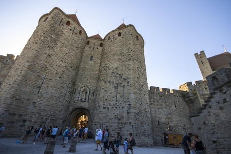 Towers and walls of the Cite de Carcassonne, a medieval fortress citadel located in the Languedoc-Roussillon region. A World Heritage Site since 1997のeditorial素材