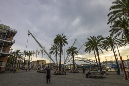 Sunset at the Port of Genoa, Italy, the major Italian seaport on the Mediterranean Seaのeditorial素材