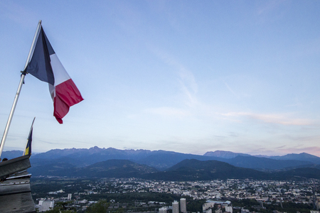 Aerial view of the streets of Grenoble from the Fort de la Bastilleの写真素材