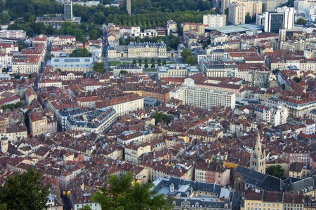 Aerial view of the streets of Grenoble from the Fort de la Bastilleの写真素材
