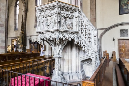Pulpit inside the Cathedral of Bolzano, a late-Gothic church in Bolzano-Bozen, South Tyrol, Italyのeditorial素材