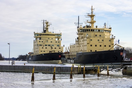 Voima and Urho, two State-owned Diesel-electric icebreakers of the Finnish Fleet in the island of Katajanokka, Helsinki, Finlandのeditorial素材