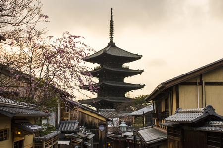 Beautiful sakura cherry blossoms at sunset during the hanami in Yasaka-no-to Pagoda, Kyoto, Japanのeditorial素材