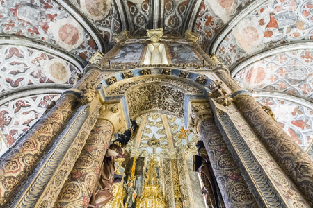 Convent of Christ, Tomar, Portugal. Detail of the interior of the Round church or Rotunda, decorated with Romanesque and late Gothic paintings and sculpturesのeditorial素材